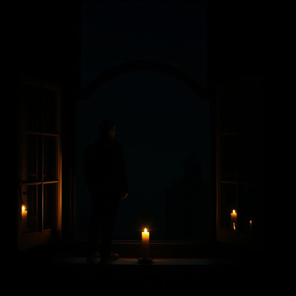 Ethereal Nighttime Scene with Candlelit Figure