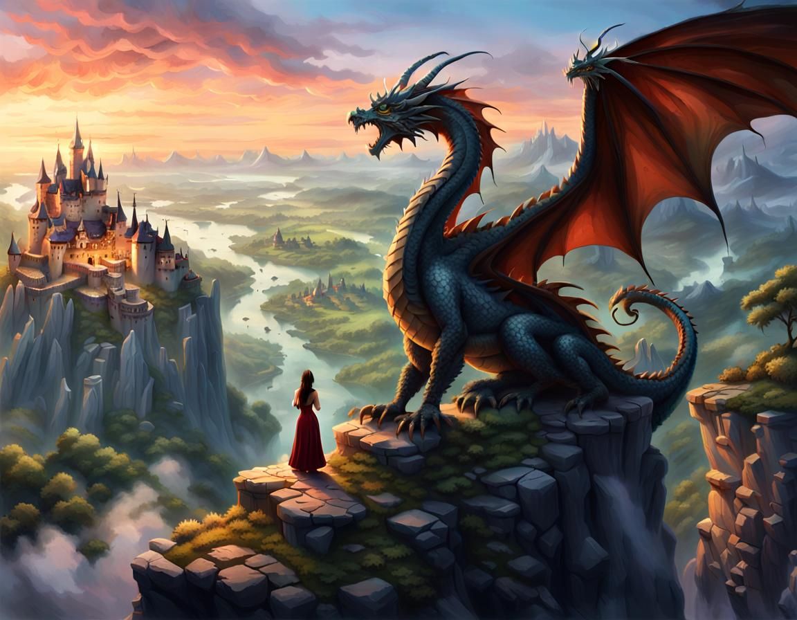 Dragon Queen Overlooks Fantasy Village at Dawn