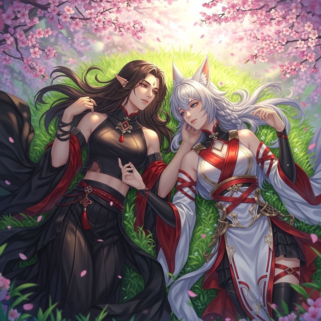 Fantasy Characters in Dreamlike Cherry Blossom Garden