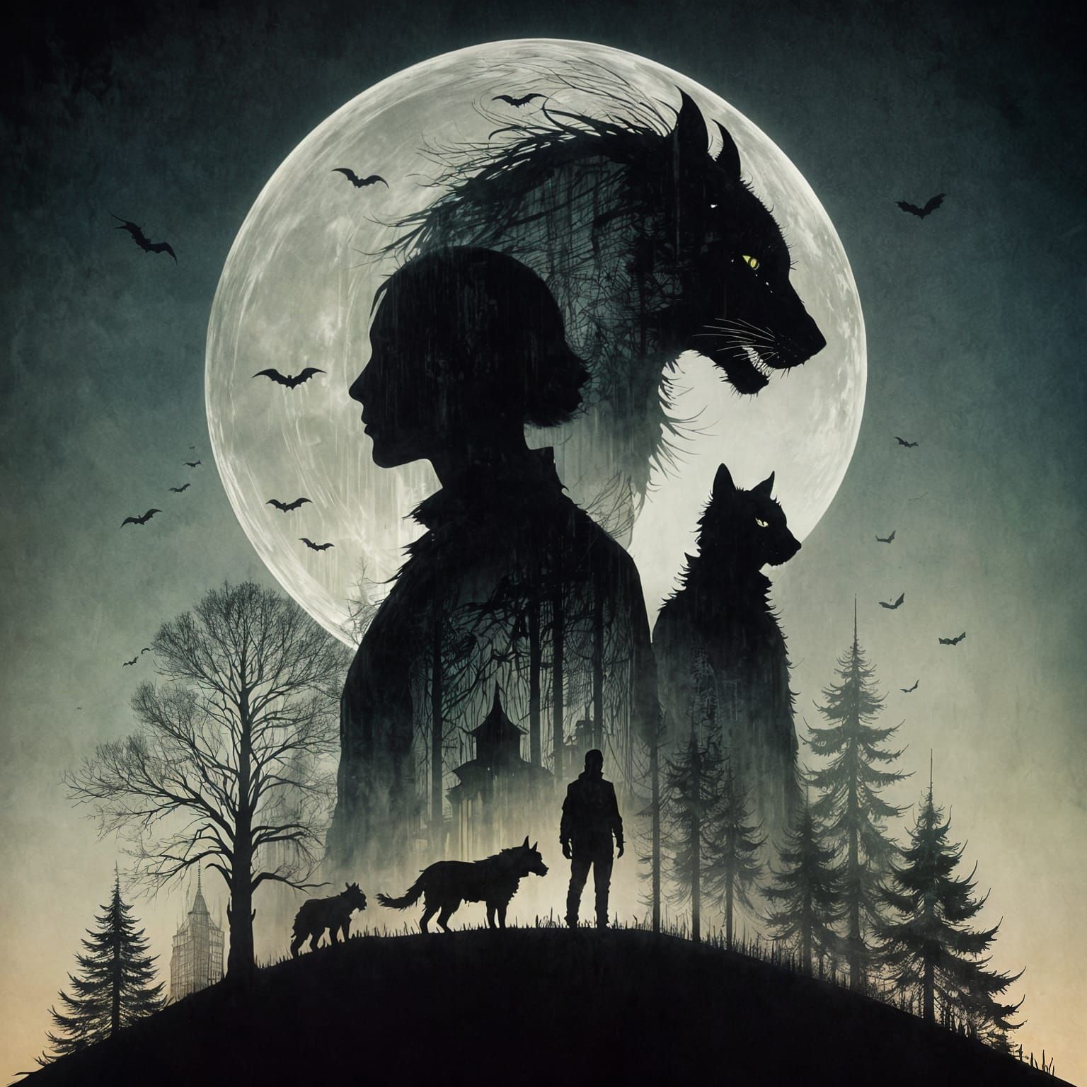 Panther Girl Silhouette in Dark Fantasy Landscape