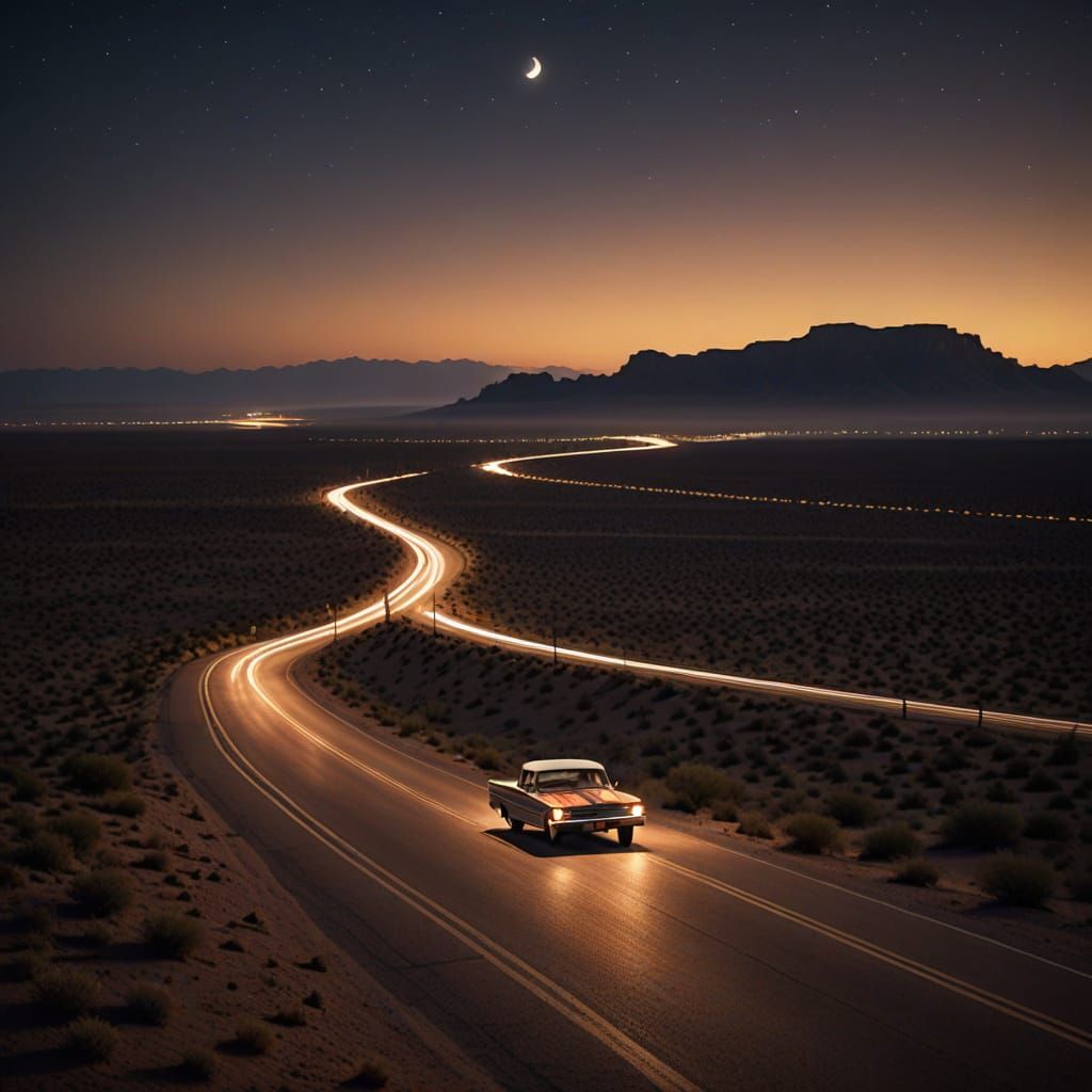 Nostalgic Desert Highway at Night