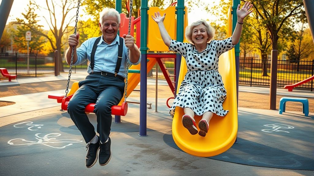 A playful, lighthearted scene of an elderly couple enjoying a carefree afternoon, doing something children would do. The...