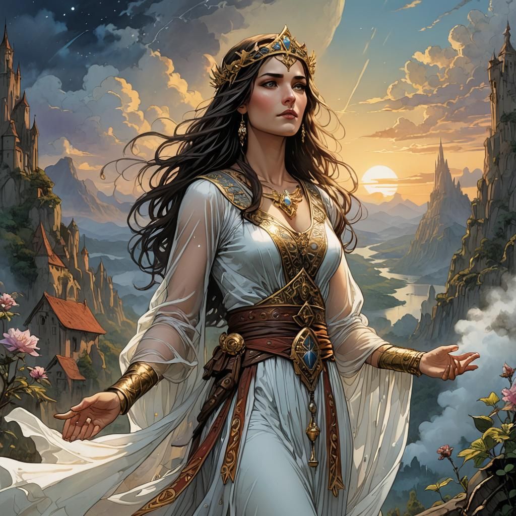 Priestess Chanting at Dawn in Retro D&D Style