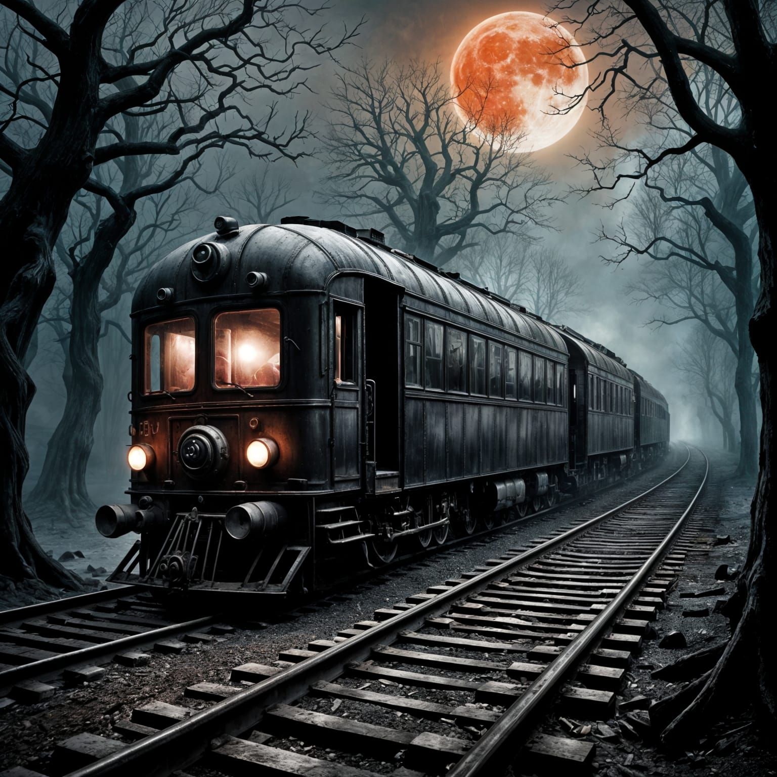 Ethereal Ghost Train Under a Blood Moonlit Sky