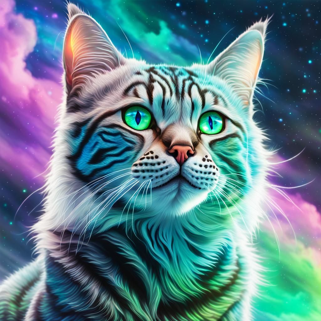 Hyperrealistic Sci-Fi Galactic Cat with Glowing Stripes
