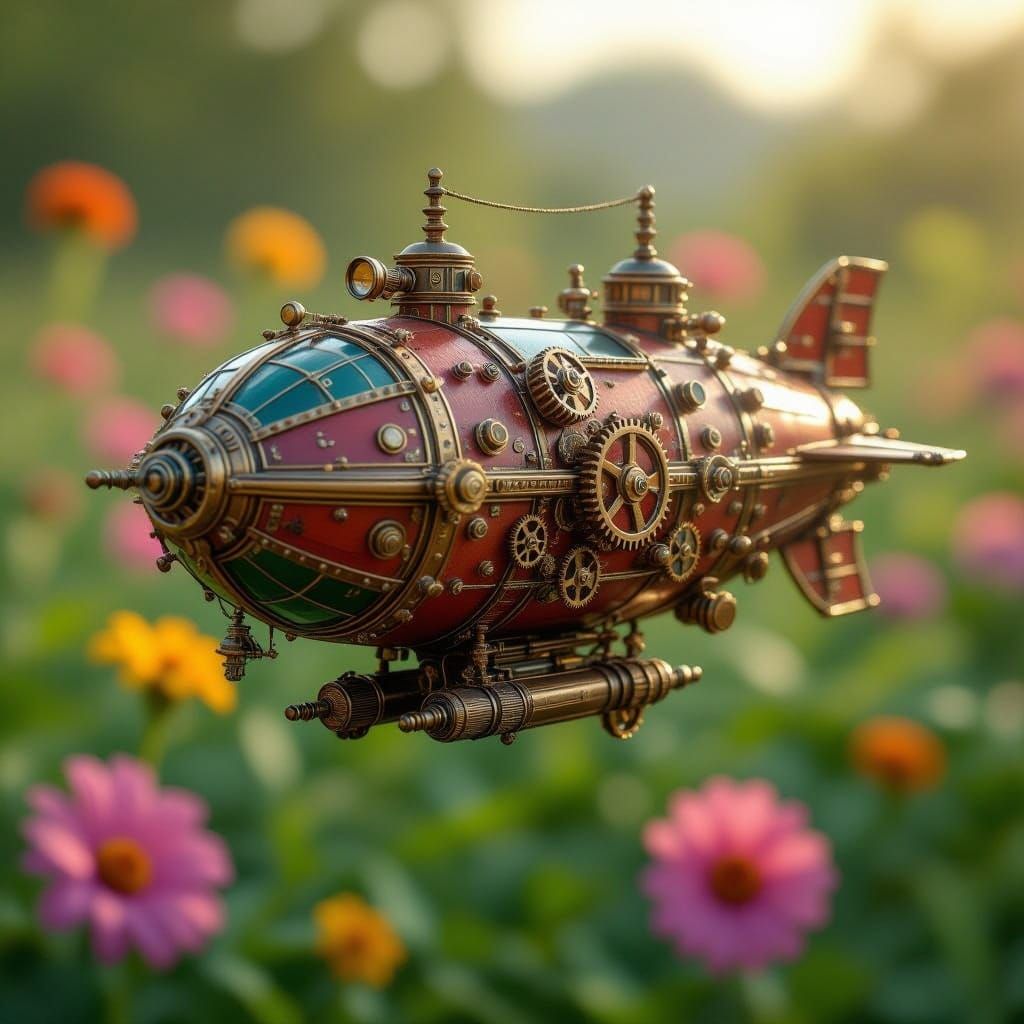 Miniature Steampunk Airship in Vibrant Flower Garden