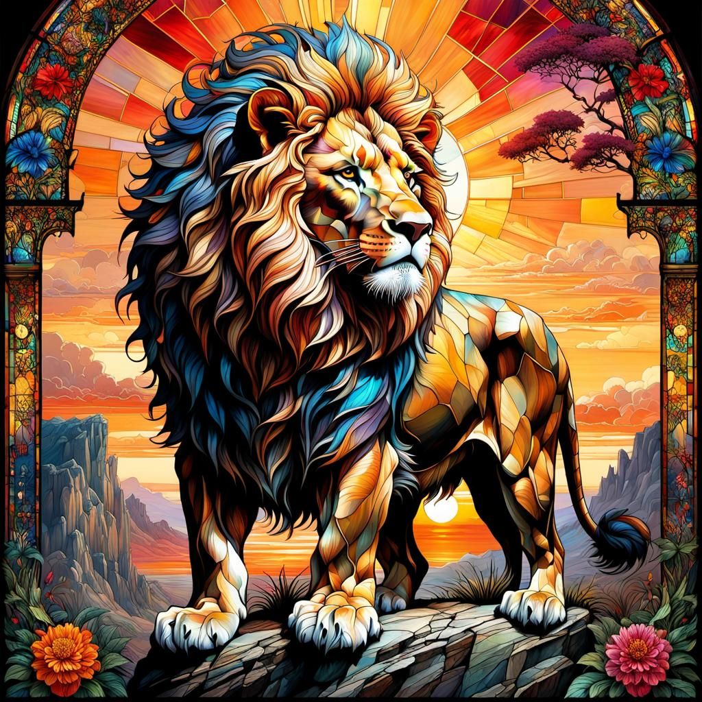 Stained Glass of Majestic Lion in Anime Style