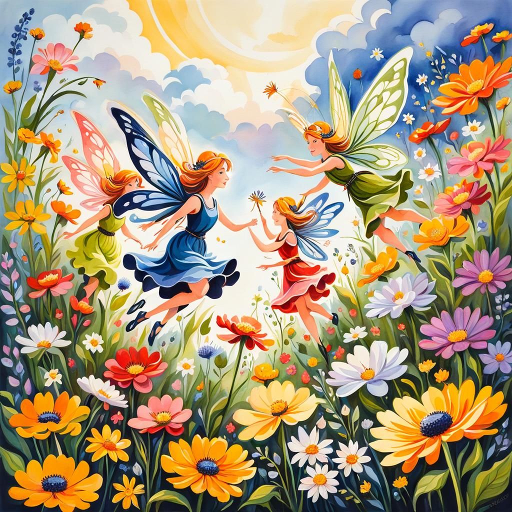 fairies flying above a flower meadow. gouache detailed painting