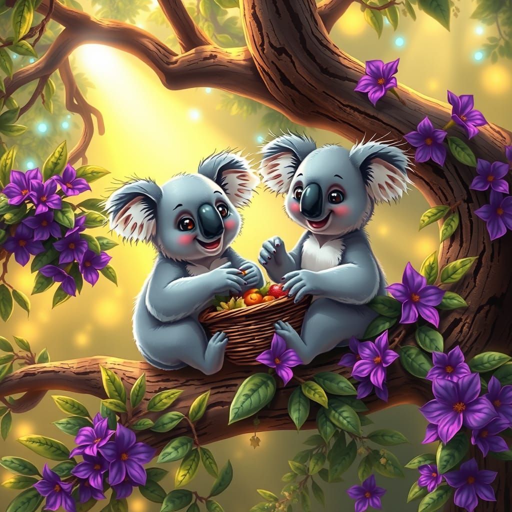 Koala Couple in Whimsical Forest Picnic