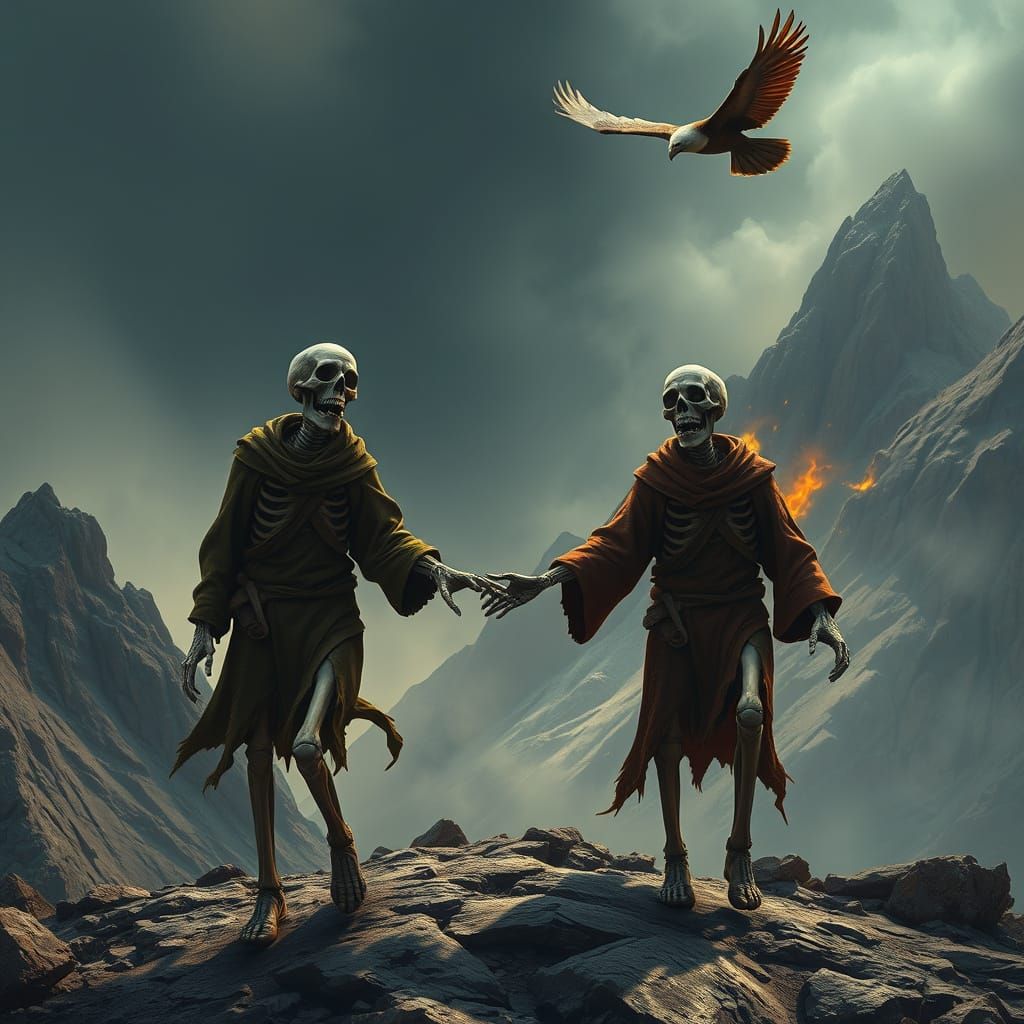 Skeletons' Joyful Climb Up Mount Doom