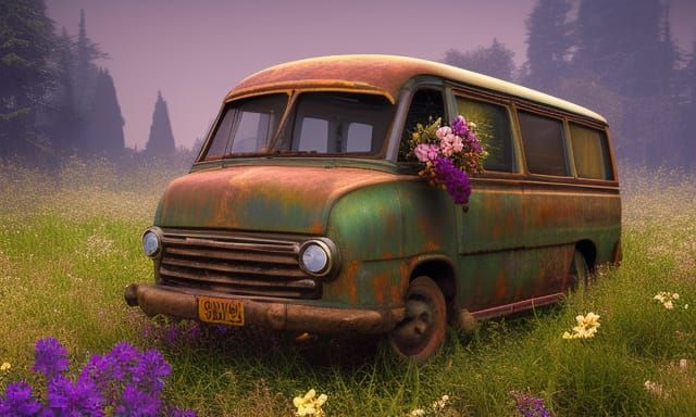 Fantastical Old Van with Flowers in Hyperrealism
