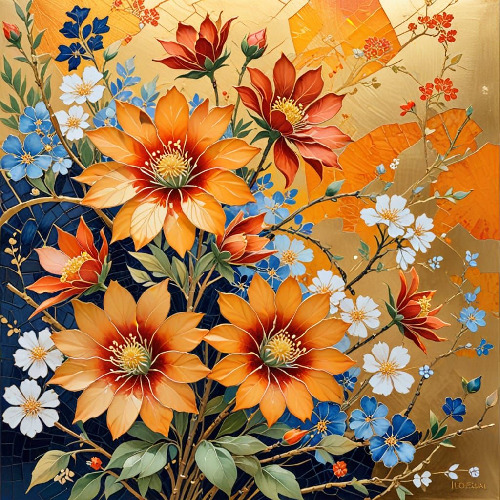(flowers in a garden:1.5), Hokusai and Yoji Shinkawa, gold and tangerine dominant, fragmented beauty of kintsugi mosaic ...