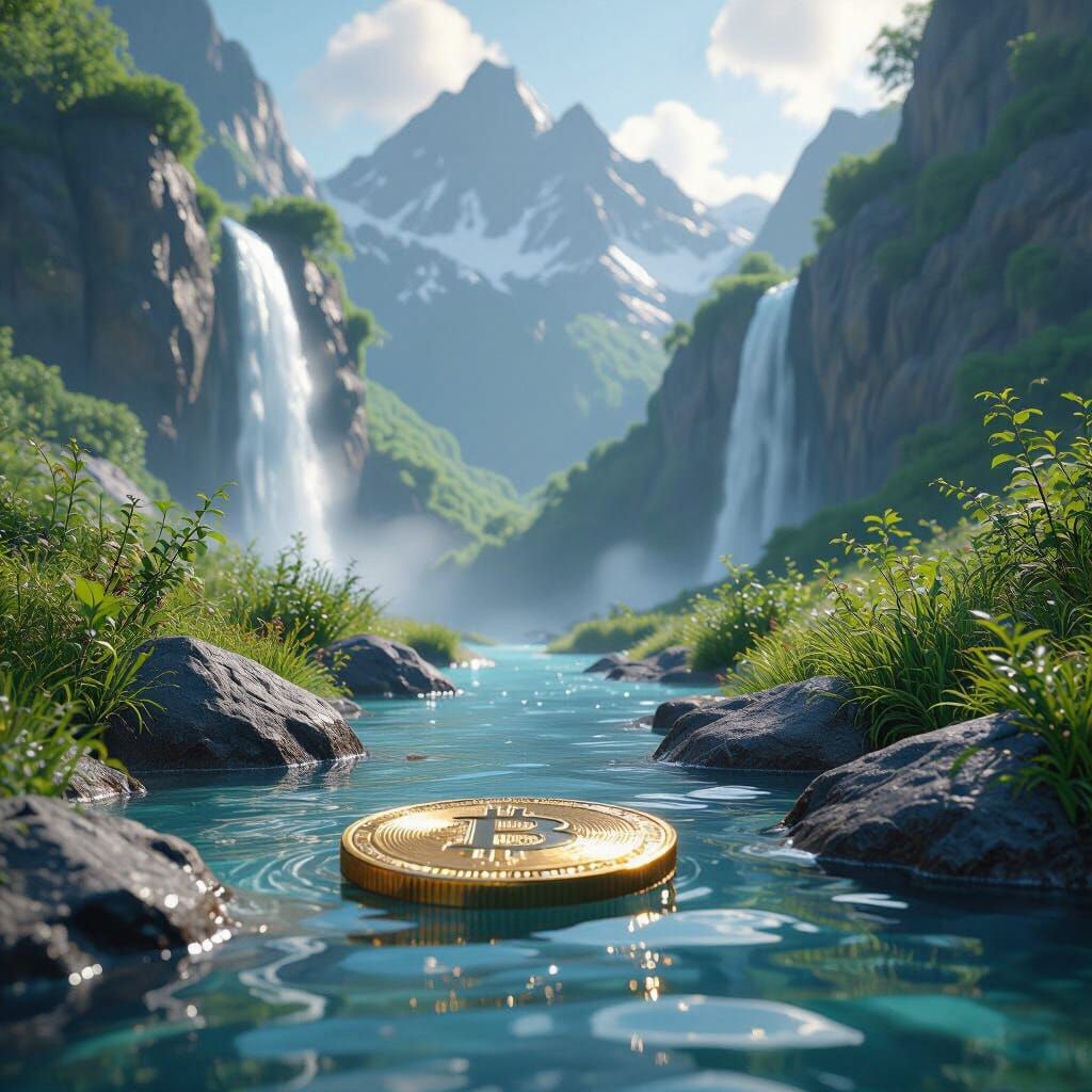 Bitcoin Drifting Down Mountain Stream: 3D Game Art