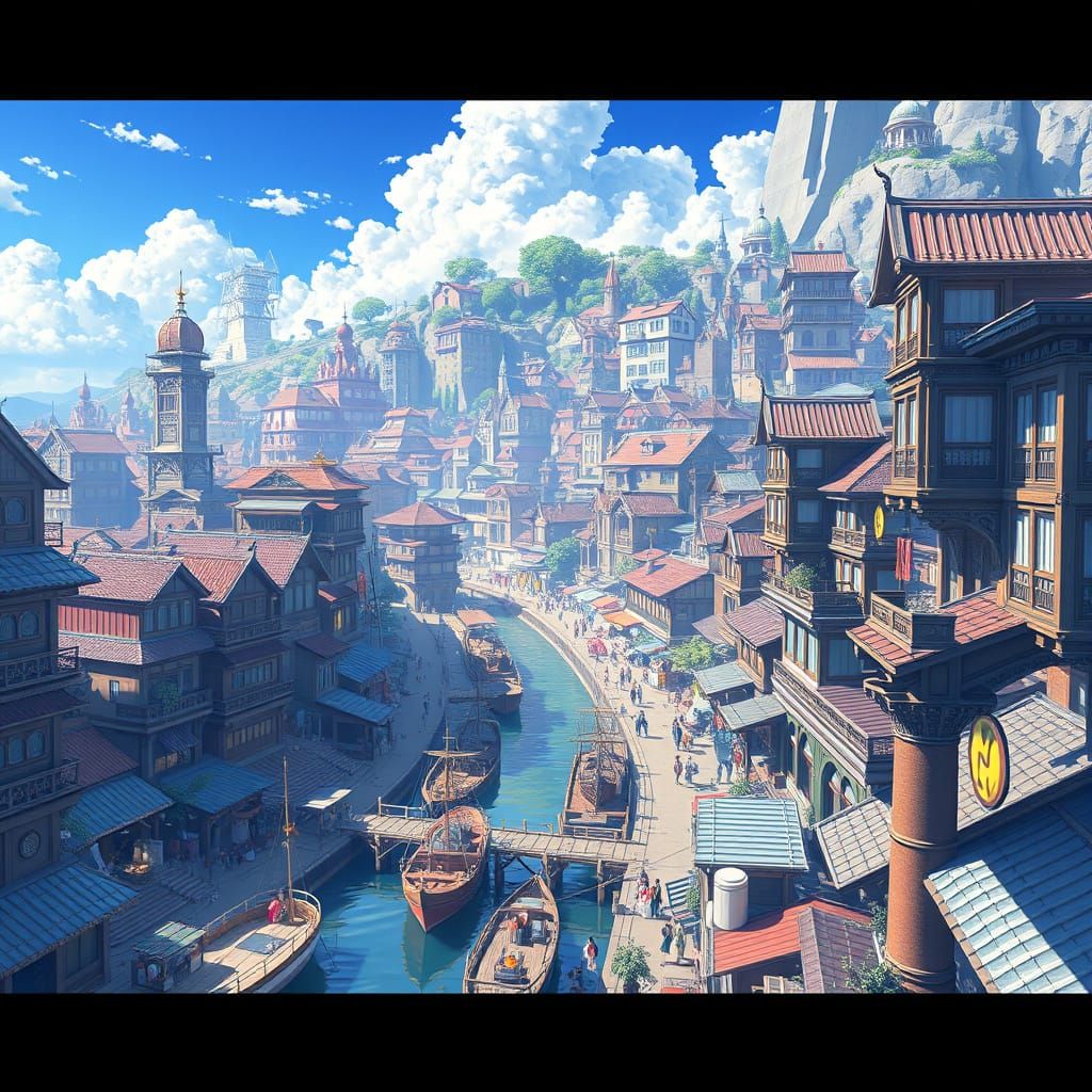 Vibrant Harbor Town in 3D Anime Style