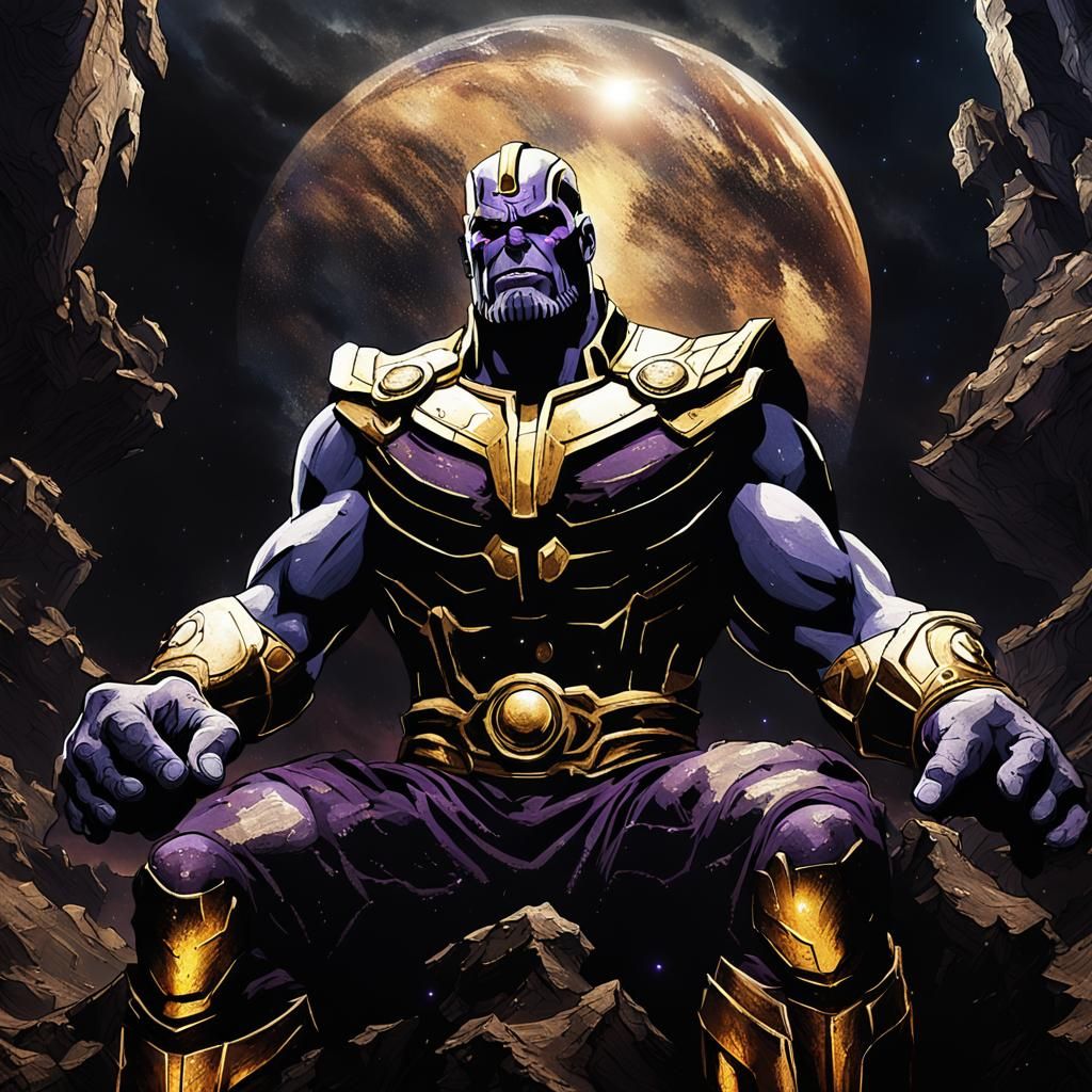 Dark Fantasy Thanos, Infinity Gauntlet, and Ruined Landscape