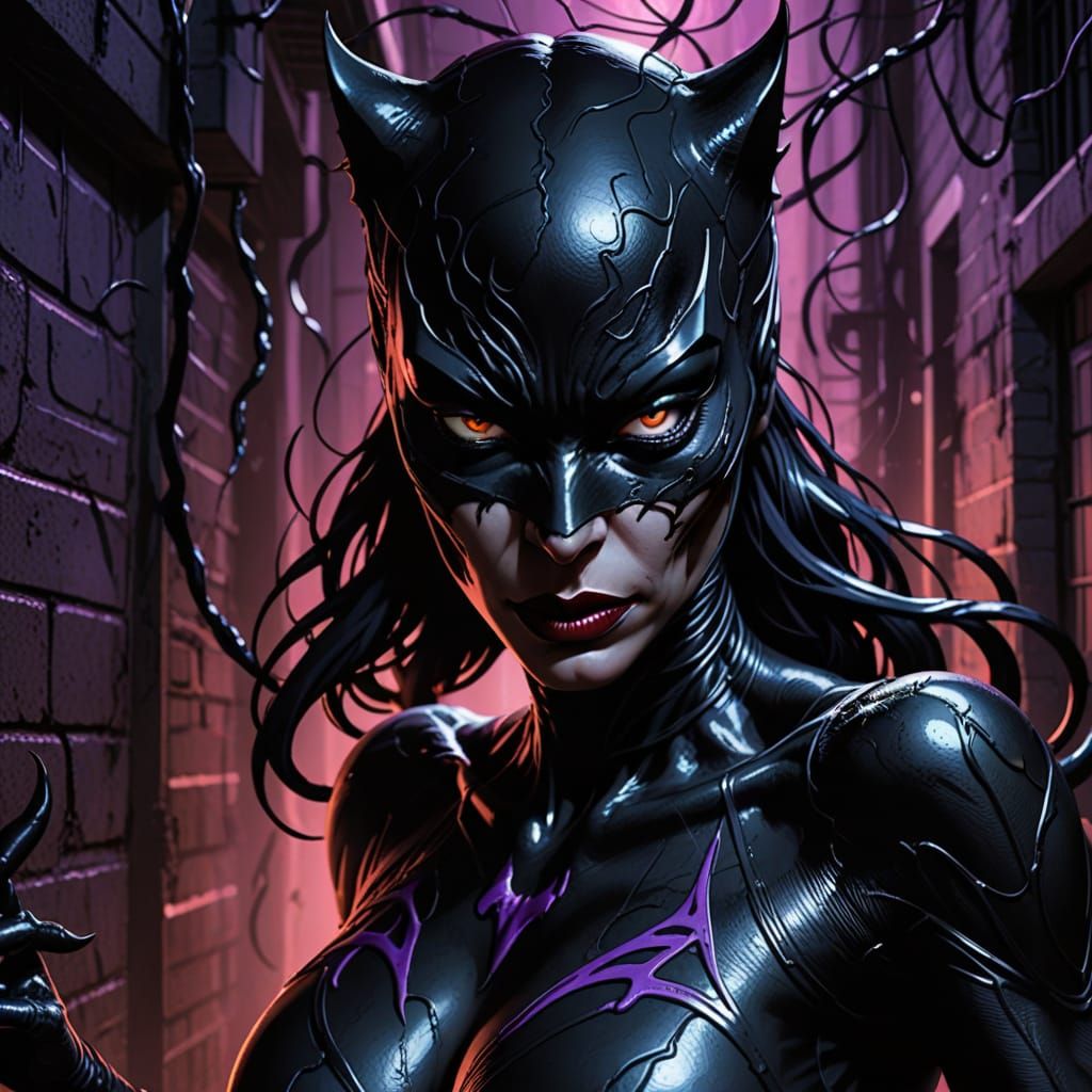 Catwoman Possessed by Venom Symbiote in Comic Style