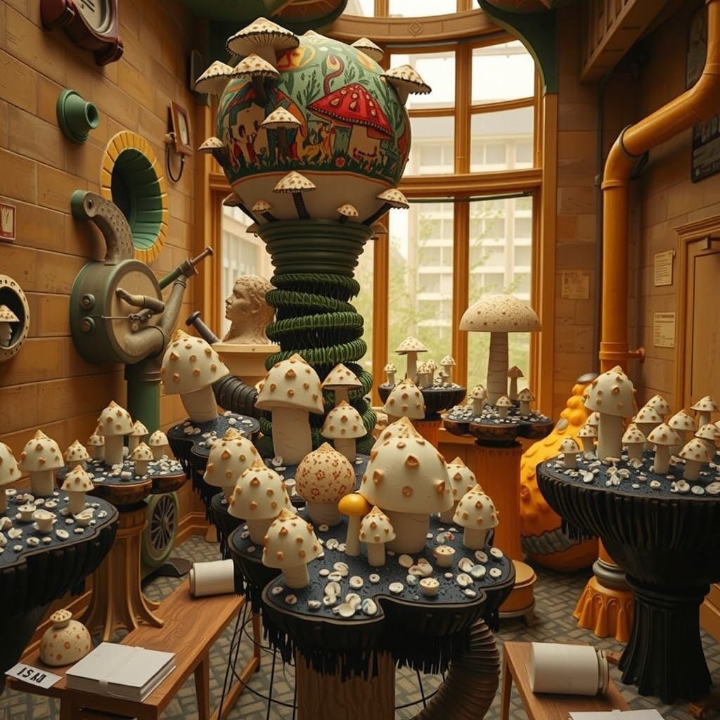 Hyperreal Linocut Mushroom Sculpture in a Bureaucratic Lands...