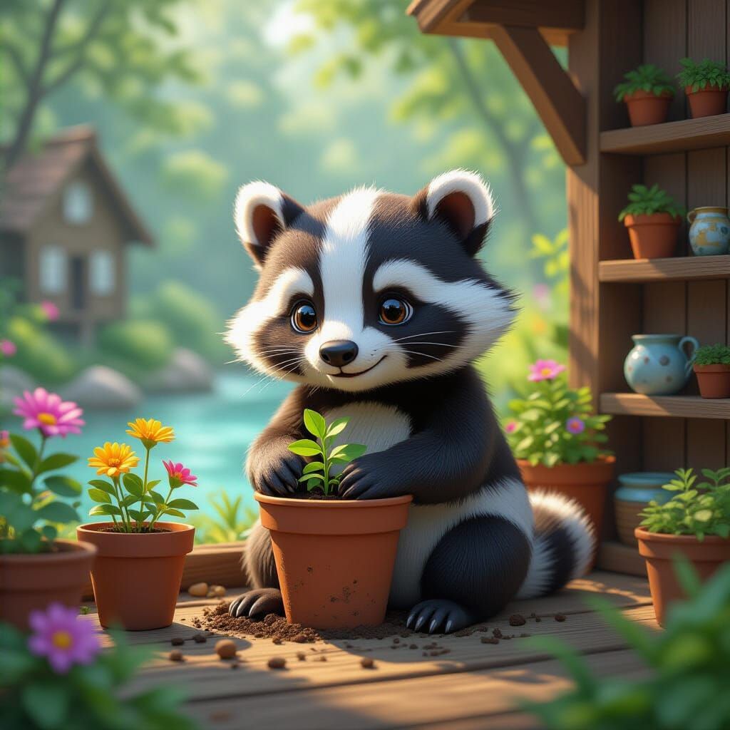 Chibi Badger Tending Plants in Potting Shed