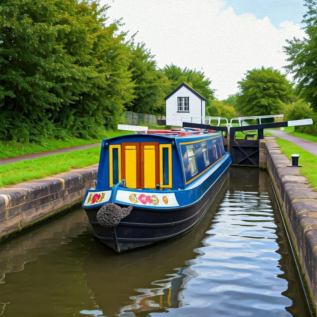 Idyllic Canal Boat Scene in Impressionist Style