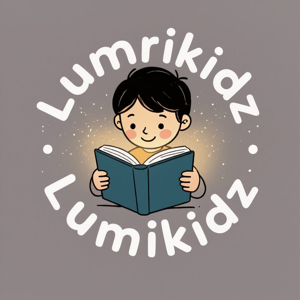 Minimalist Kids Logo: Child Reading Book with Glowing Light