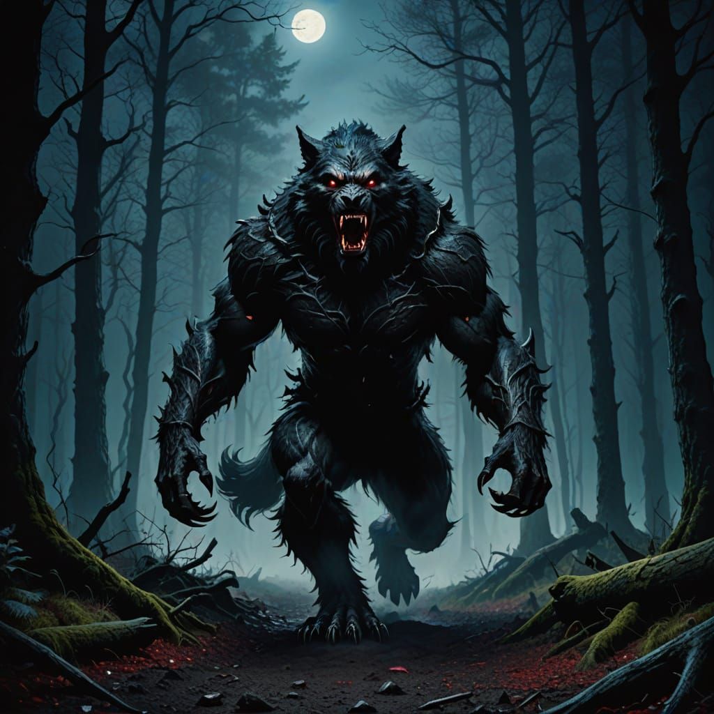 Giant Werewolf in Black Forest Under Blood Moon