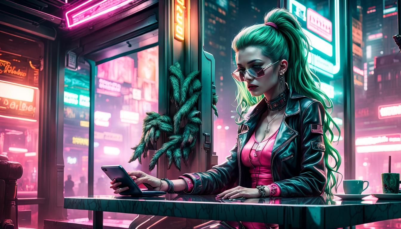 Cyberpunk Vampire in Neon City Cafe