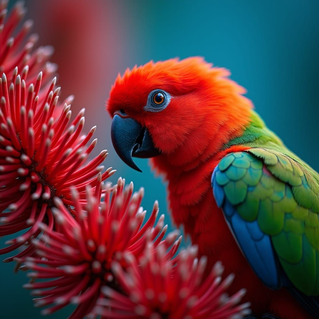 Rosella Parrot Among Red Bottlebrush Flowers, High-Resolutio...