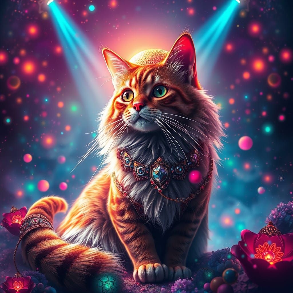 Majestic Disco Cat in Vibrant, Dreamlike Atmosphere