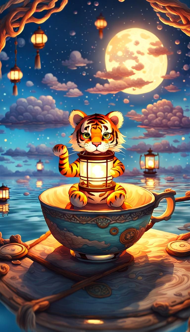 Chibi Tiger Rowing Teacup on Open Sea at Dusk