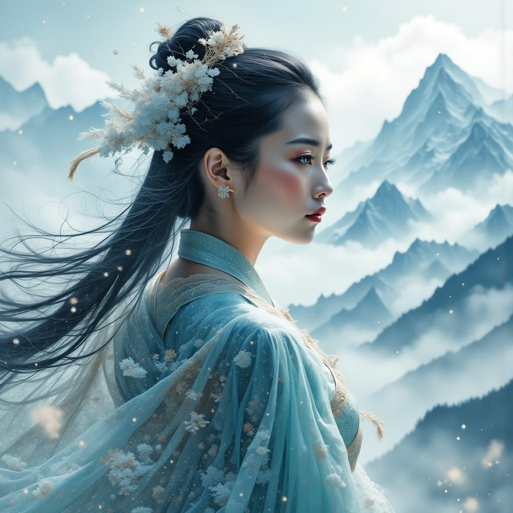 Chinese Model with Snow Mountain Double Exposure