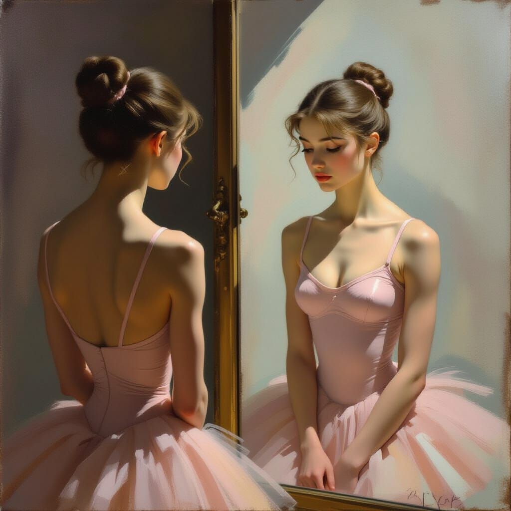 Sad Ballet Dancer Gazes at Reflection in Ethereal Oil Painti...
