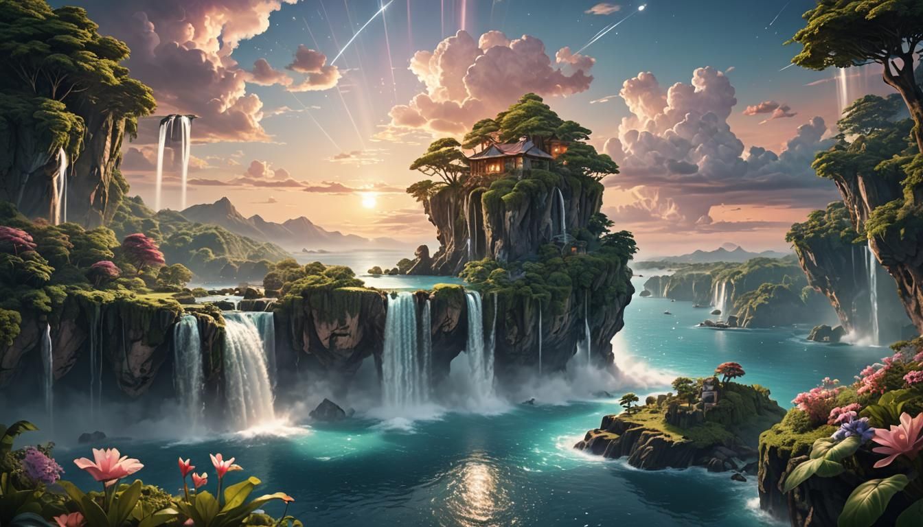 Floating Island with Waterfalls, Digital Painting