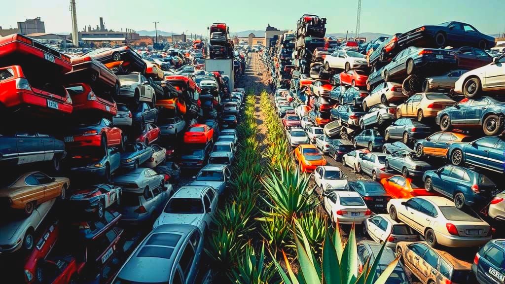 Urban Junkyard Panorama with Agave Plants