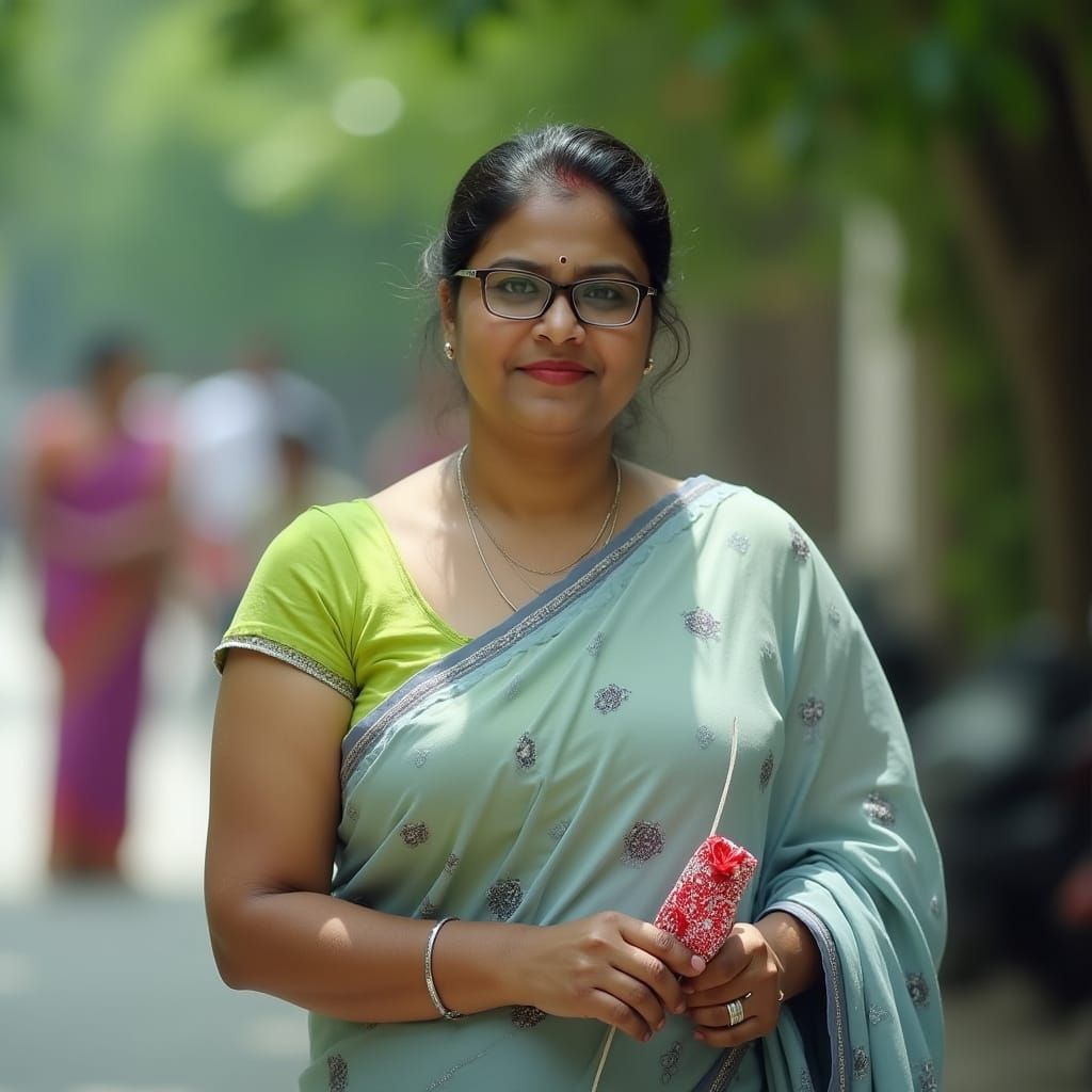 Approachable Indian Woman in Blue Chiffon Saree