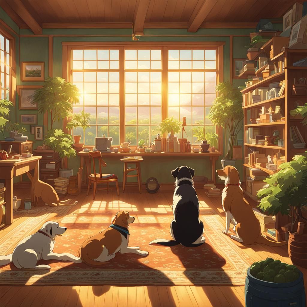Ghibli style dogs' dad's house
