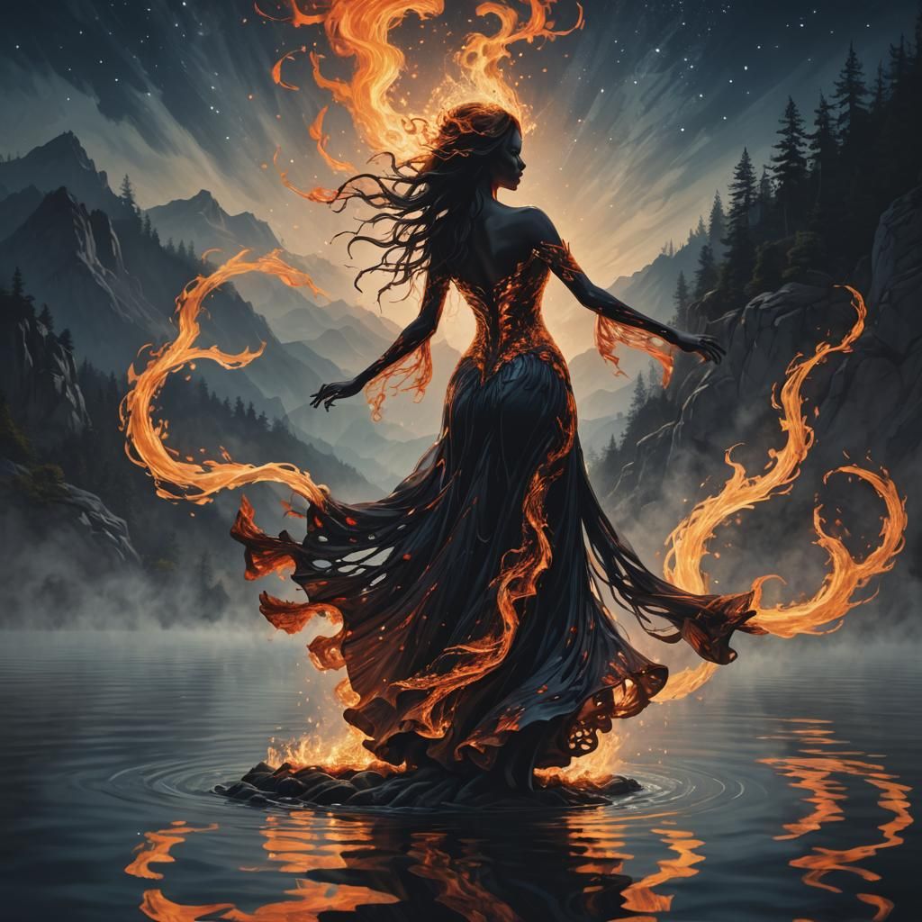 Fire Spirit Dances in Moonlight: James Gurney Style