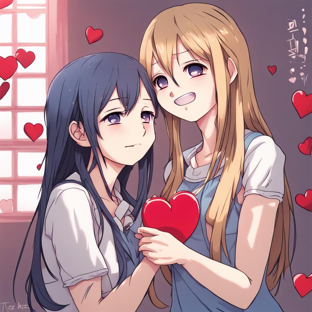 Lesbian Girl Gives Girlfriend Valentine in Anime Style