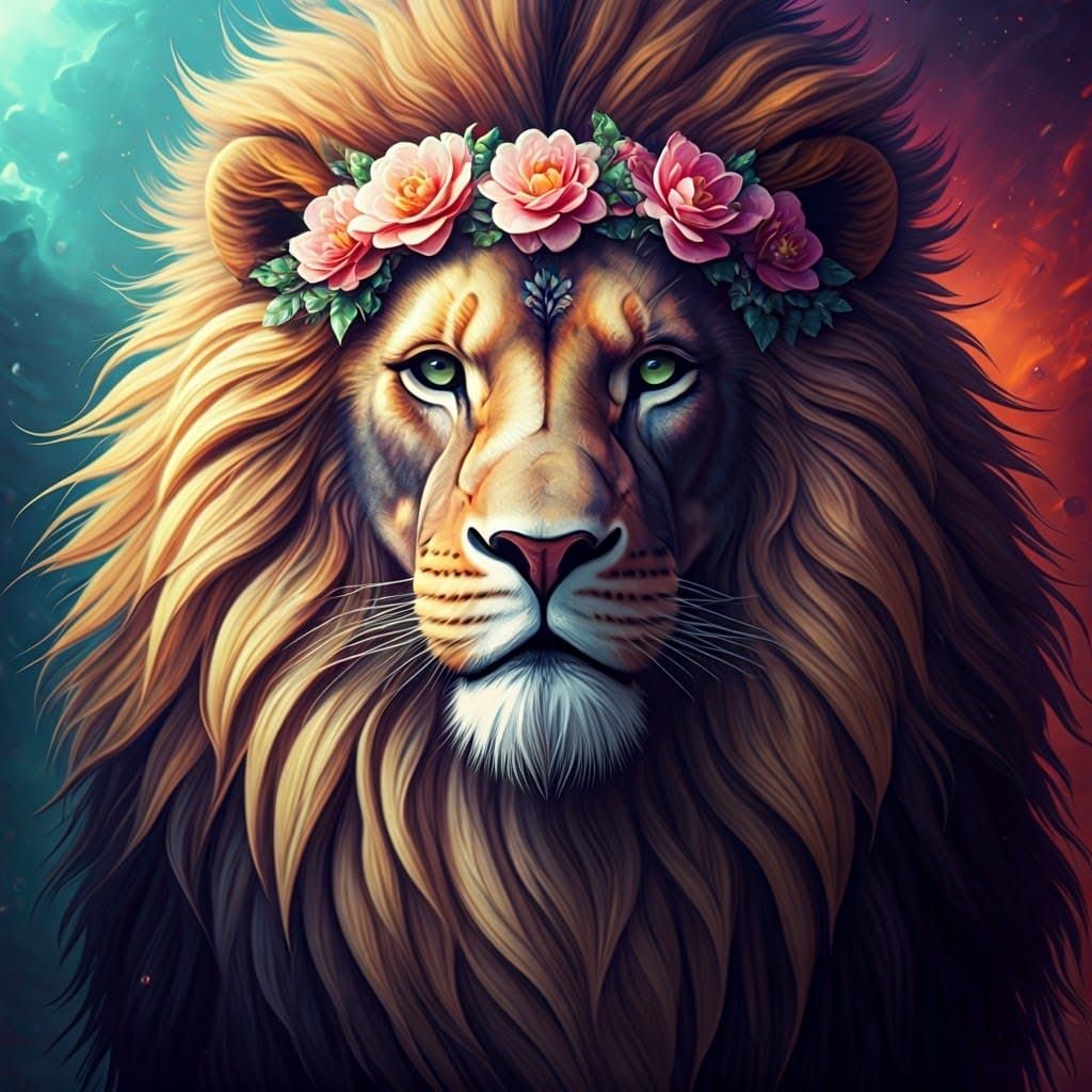 Anamorphic Lion with Flower Crown by Pearlescent Portal