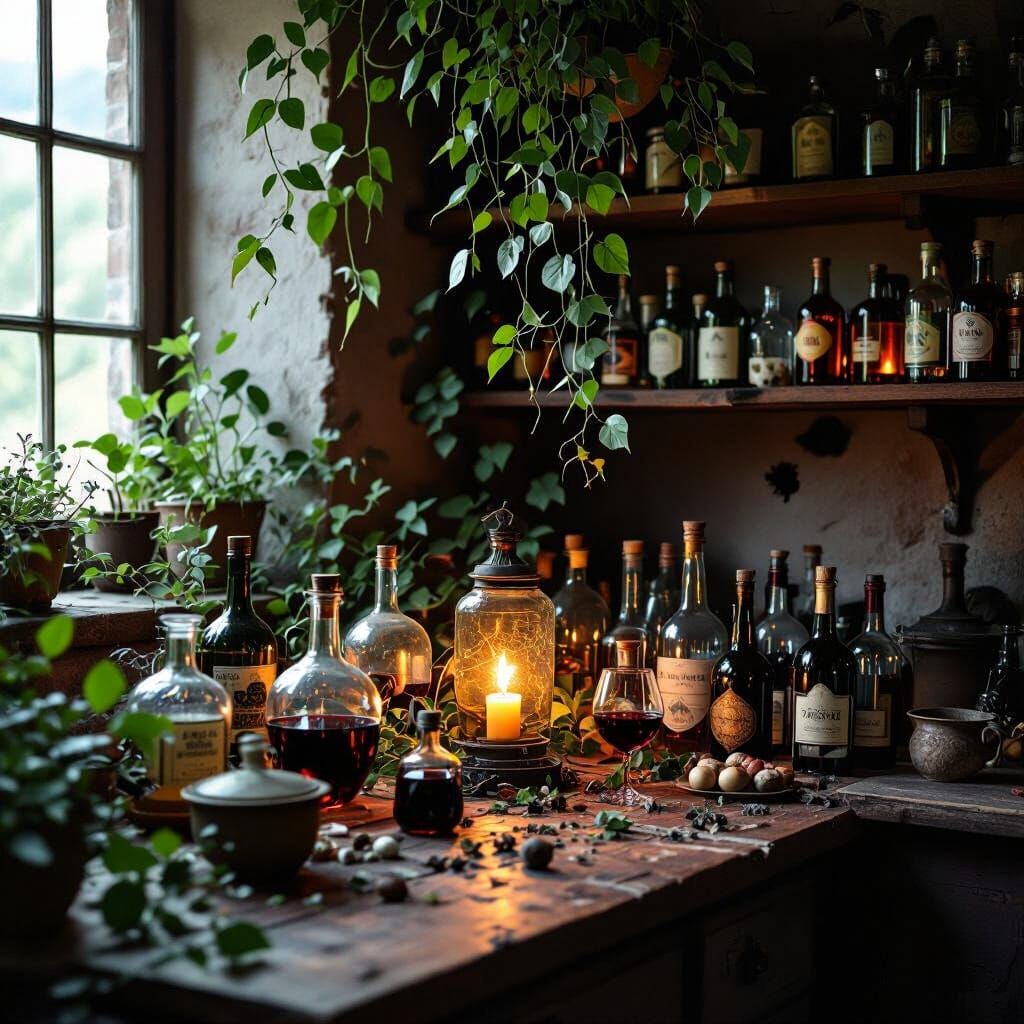 Dark Alchemist's Kitchen with Overgrown Plants