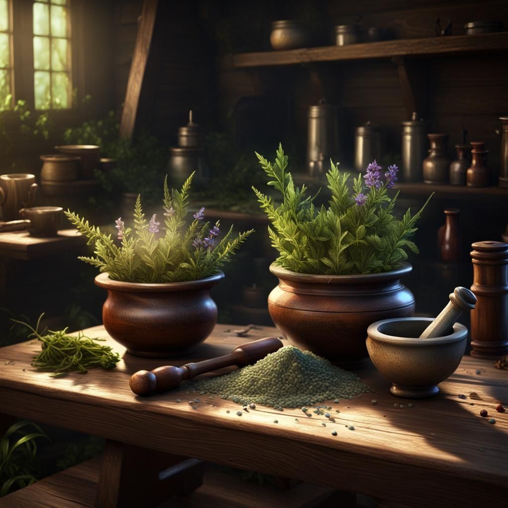 Magical Apothecary Bench in Dark Fantasy Style