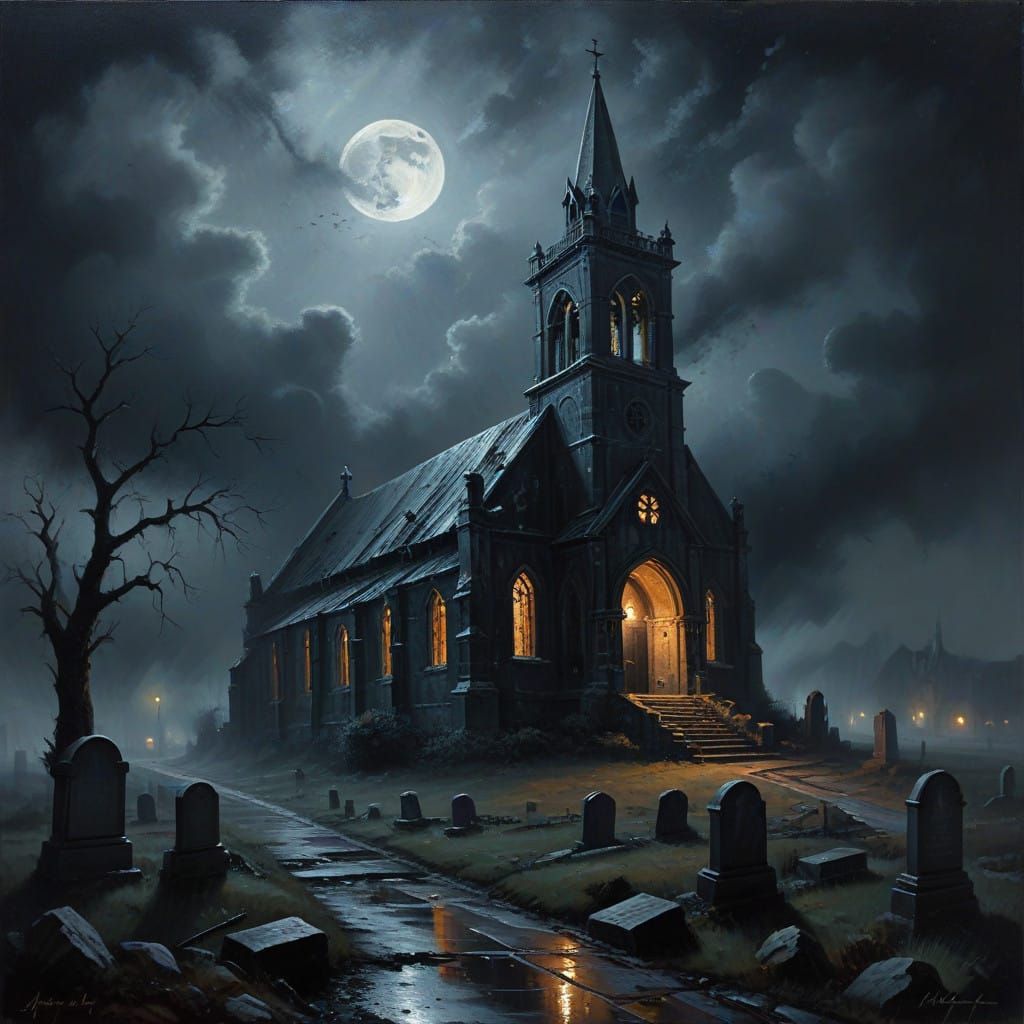 A Midnight Church Enshrouded in Darkness and Mist