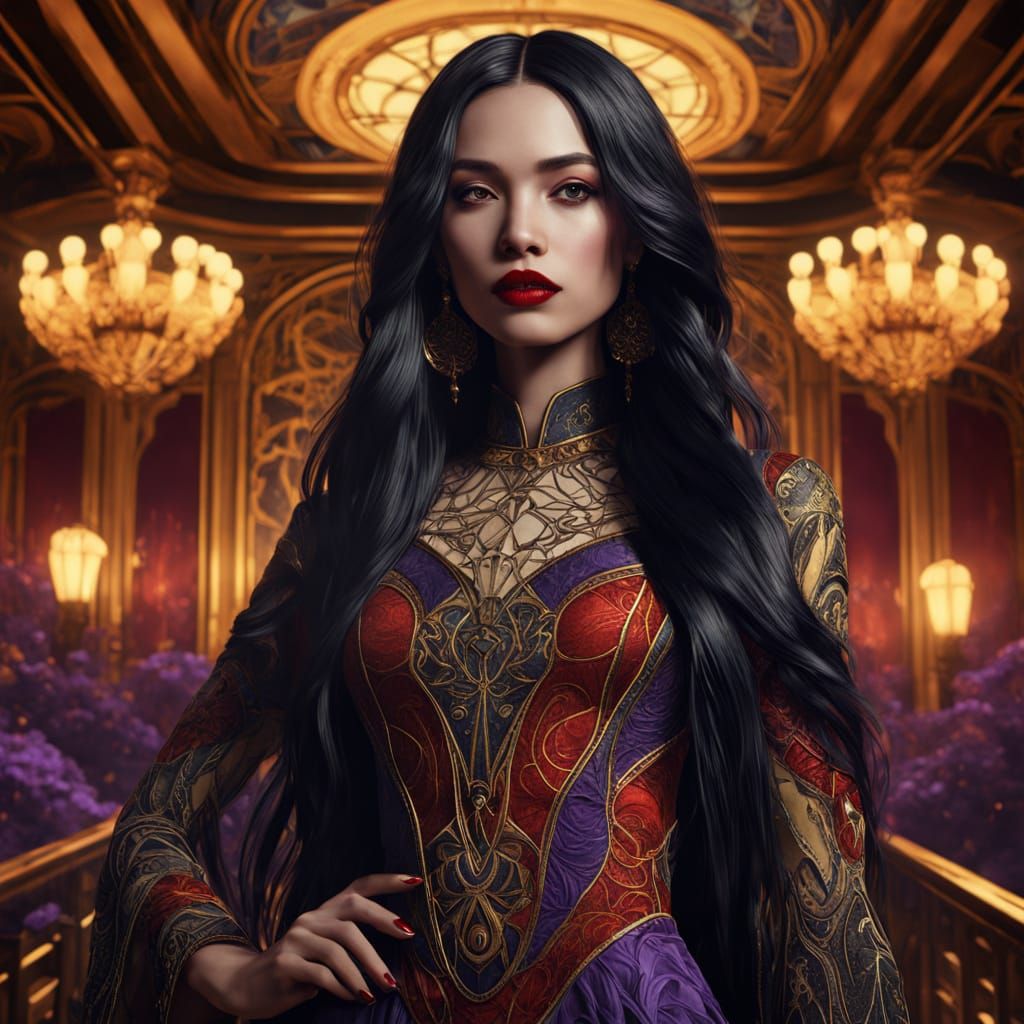 Elegant Woman in Ballroom: Art Nouveau Dark Fantasy