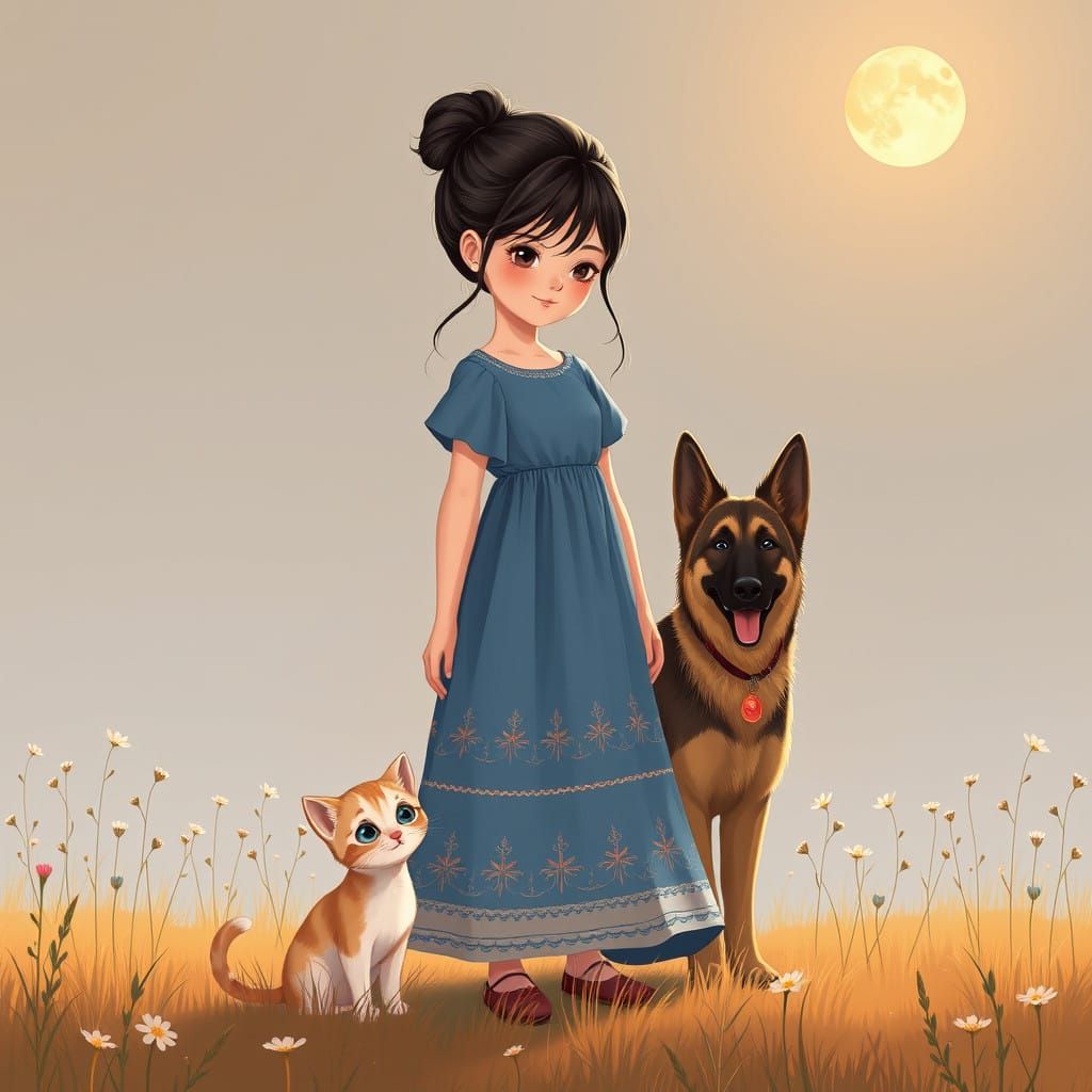 Whimsical Girl Surrounded by Pets in a Serene Field Landscap...