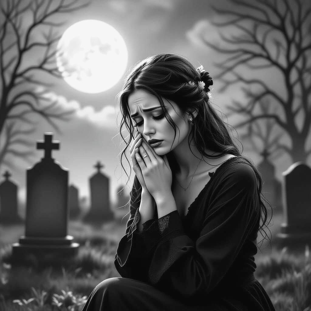 Grieving Woman in Grayscale Graveyard Under Full Moon