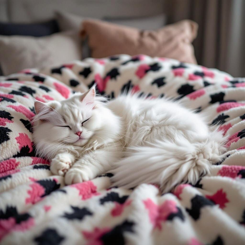 Fluffy White Cat Asleep on Pink and Black Blanket
