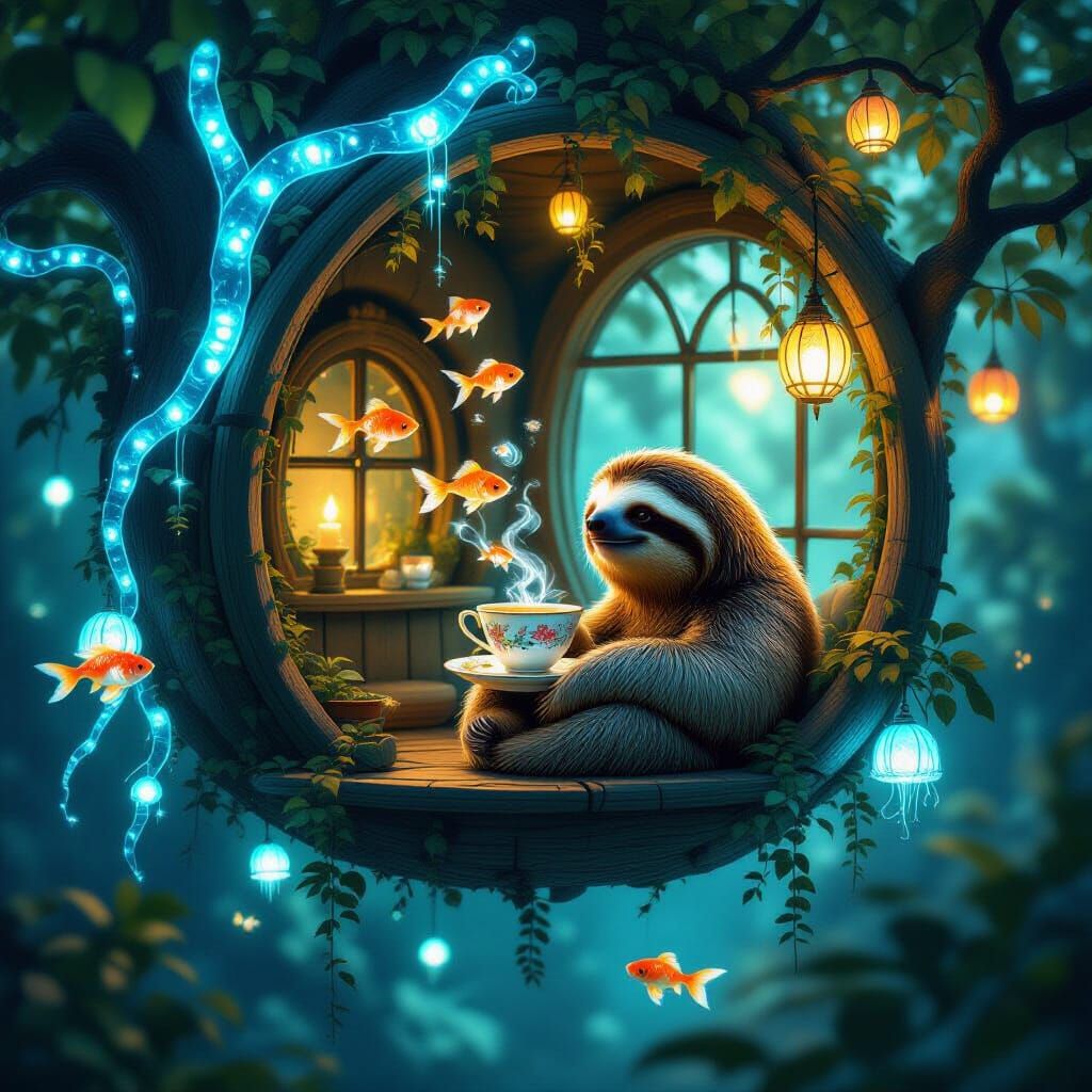 Melancholic Sloth in Floating Treehouse with Holographic Koi