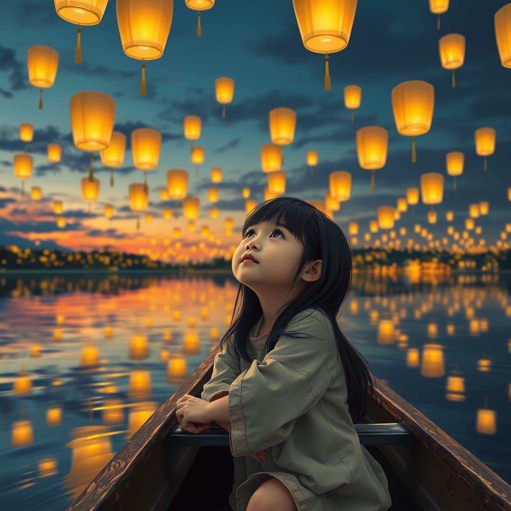 Child Stares at Lanterns on Lake at Twilight