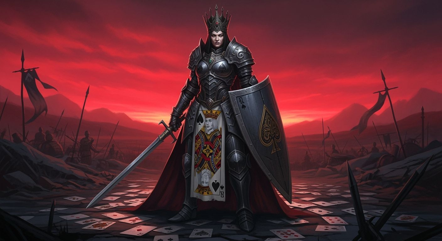 Warrior Queen of Spades on a Card-Strewn Battlefield