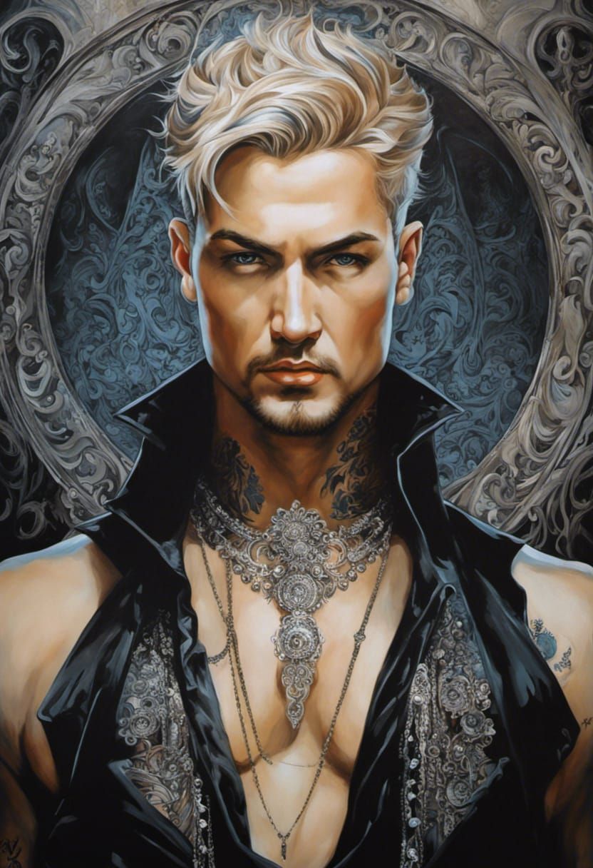 Intense Tattooed Man: Acrylic Painting in Gothic Emo Style