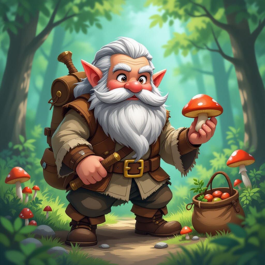 Fantasy Dwarf Mushroom Hunter in Anime Style